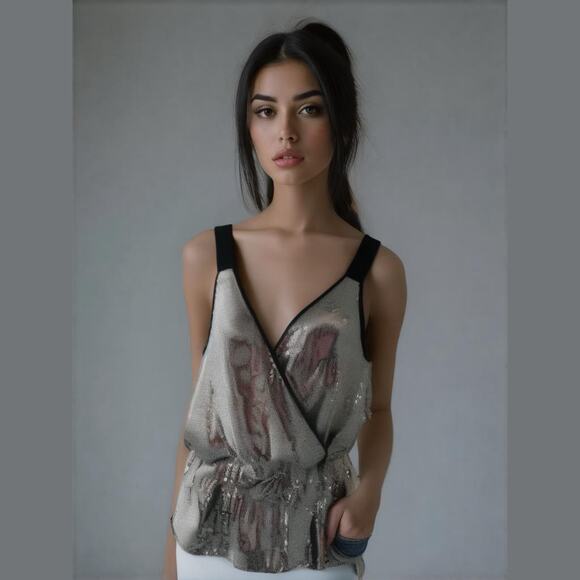 Chelsea 28 Silver Black Sequins Faux Wrap V-Neck Sleeveless Peplum Dressy Top XS - Picture 1 of 8